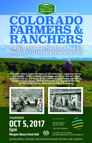 Event poster for Colorado Farmers and Ranchers AWP, held in partnership with CSU Extension, the School of Global Environmental Sustainability, and the Department of History.