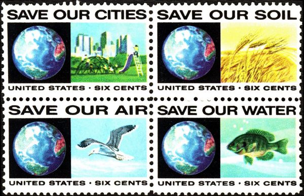 Images of four six cent US stamps from the 1970s around the time of the Endangered Species Act. Images show earth and a city park, earth and a wheat field, earth and a flying bird, and earth and a fish.