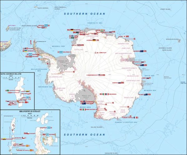 Map of research bases in Antarctica with nationality information.