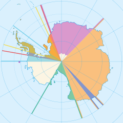 Image of Antarctica land claims. Claims are the shape of pie slices, centered at the north pole.