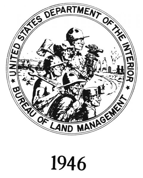 BLM logo is 1946, showing industrial workers and resource extraction.