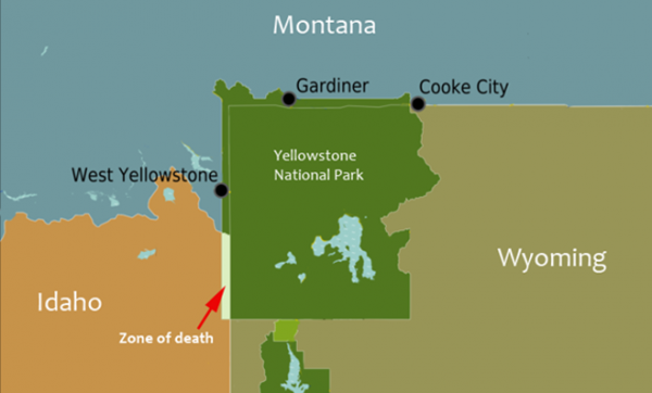 Map of Yellowstone National Park showing the park's overlap across several state borders.