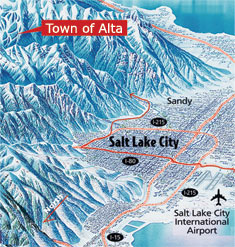 Map showing the town of Alta's proximity to Salt Lake City, UT.