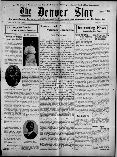 This is the front page of The Denver Star, a newspaper, from 1913 and one of the headlines reads, "Denver Needs A Vigilance Committee."