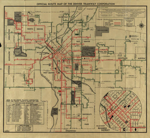 A vintage map shows the locations of historic streetcar lines stretching throughout Denver. Streetcar lines are marked in red.